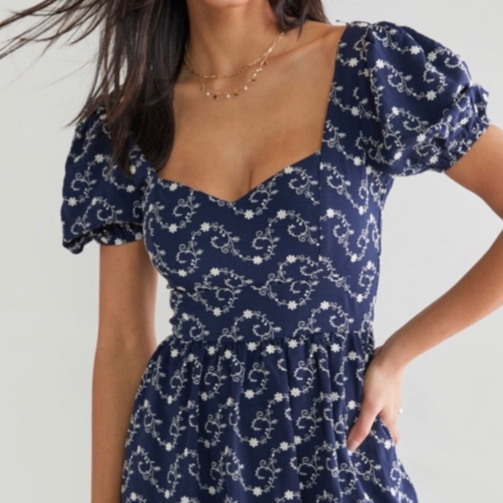 Navy Blue with White Floral Embroidery Puff Sleeve Mini Dress Francesca’s
